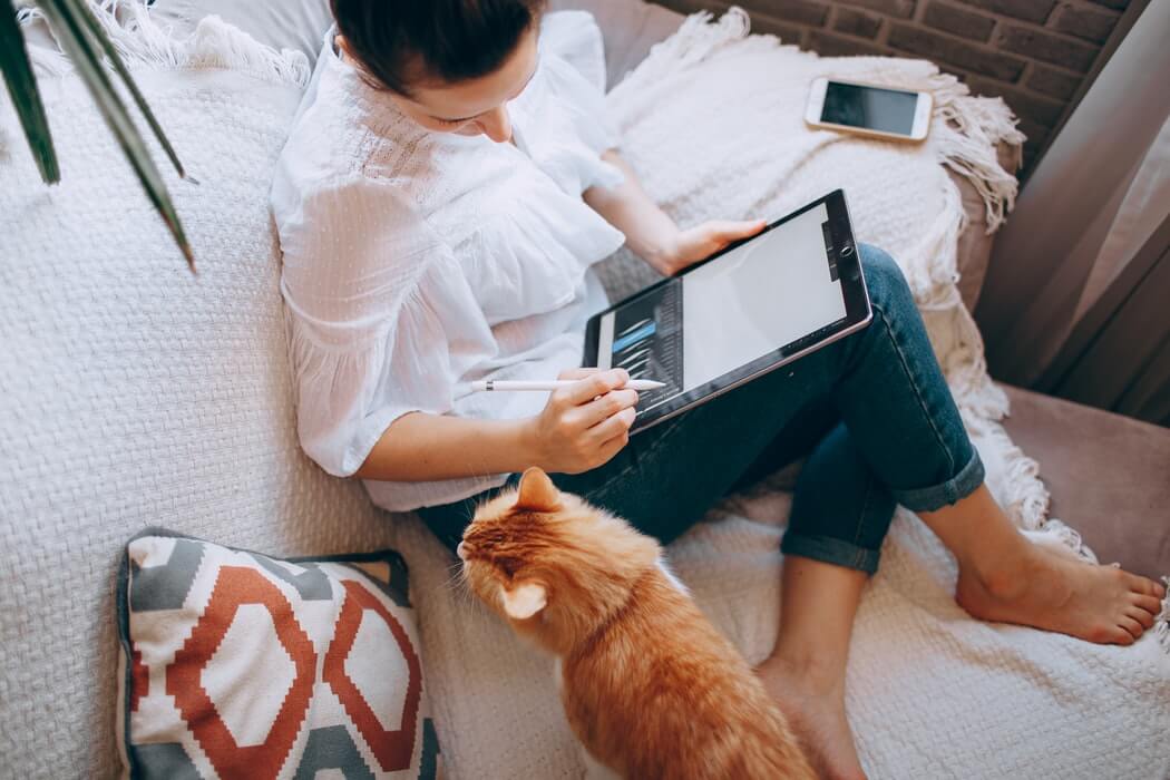 A person sits on their couch working from their tablet, accompanied by their orange tabby cat.