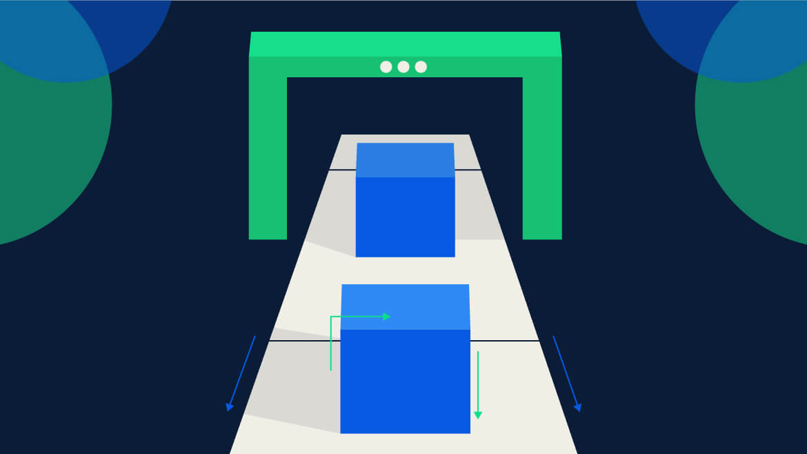 Blog post header; blue cubes moving on a conveyor belt towards a green gate.