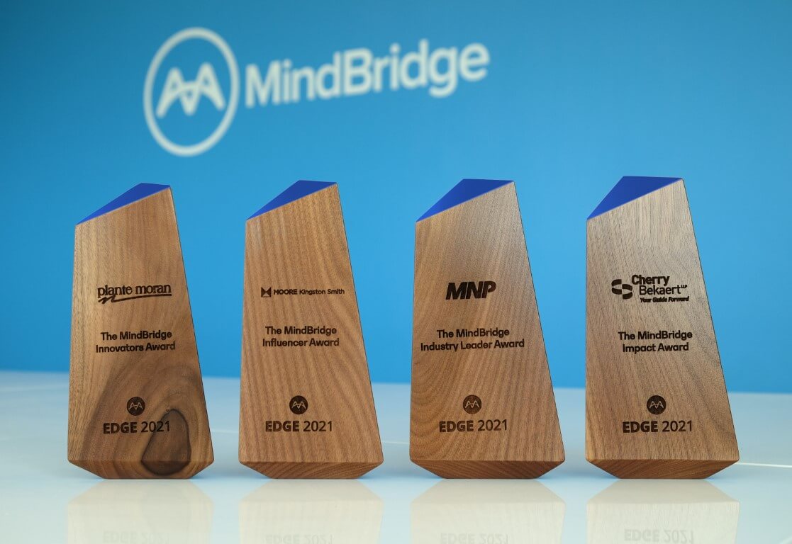 MindBridge - Edge 2021 Awards - four trophies and MindBridge background