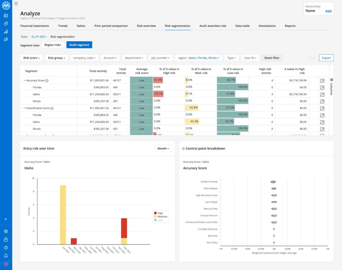 MindBridge Risk Segmentation dashboard