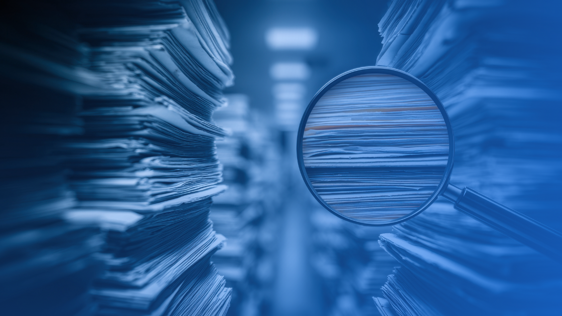Audit sampling limitations illustrated by magnifying glass reviewing large volumes of financial documents and audit data