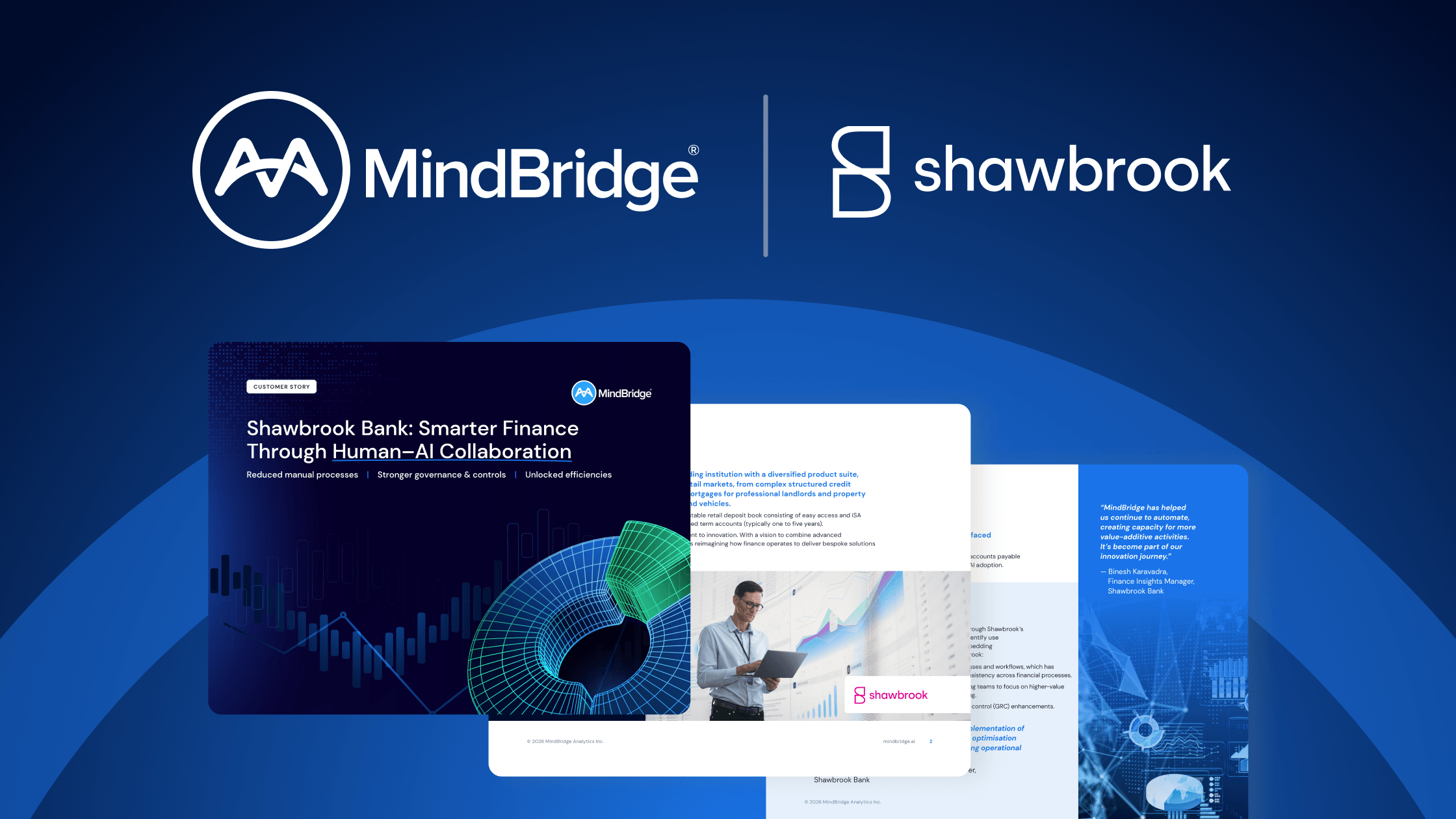 Shawbrook Bank case study on scaling finance operations using AI, featuring MindBridge platform and analytics visuals