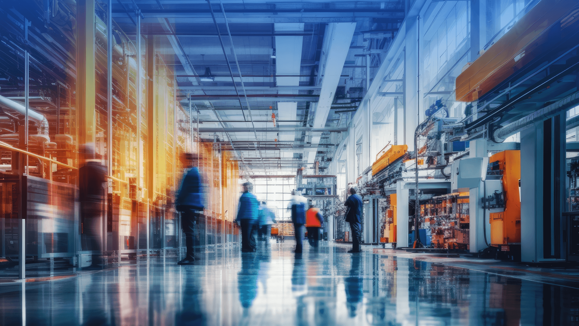 Manufacturing facility with automated production lines and workers, representing manufacturing finance data delays and operational complexity