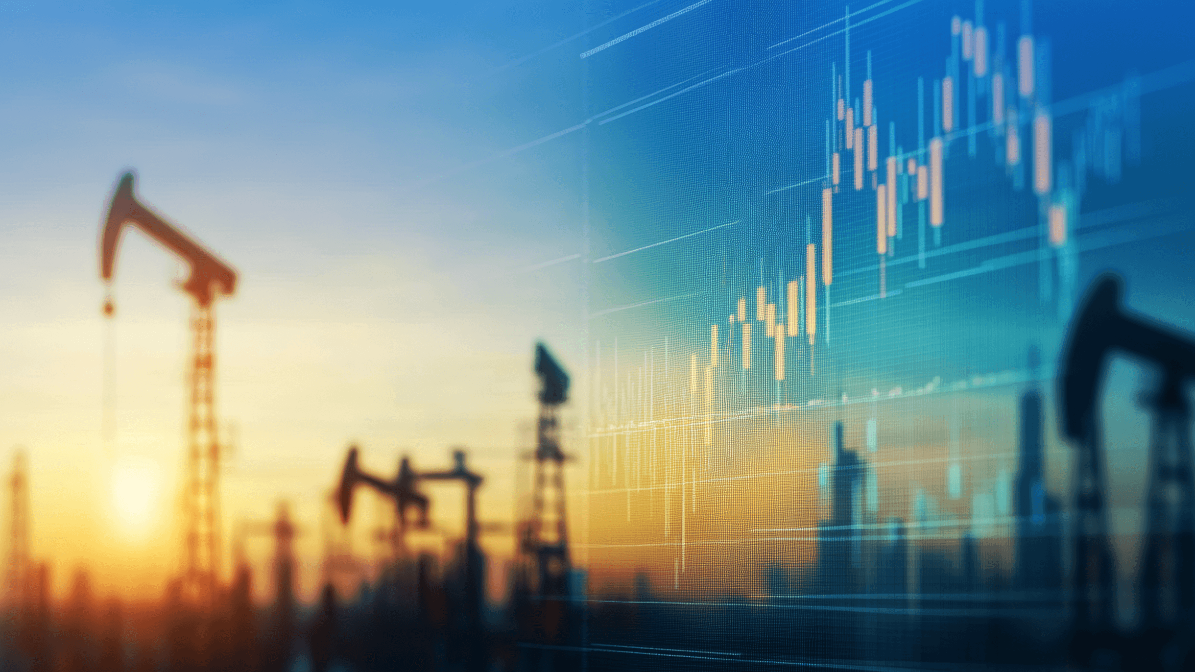 Oil and gas finance data delays concept showing pumpjacks and financial charts, representing data issues, delays, and operational risk in energy finance