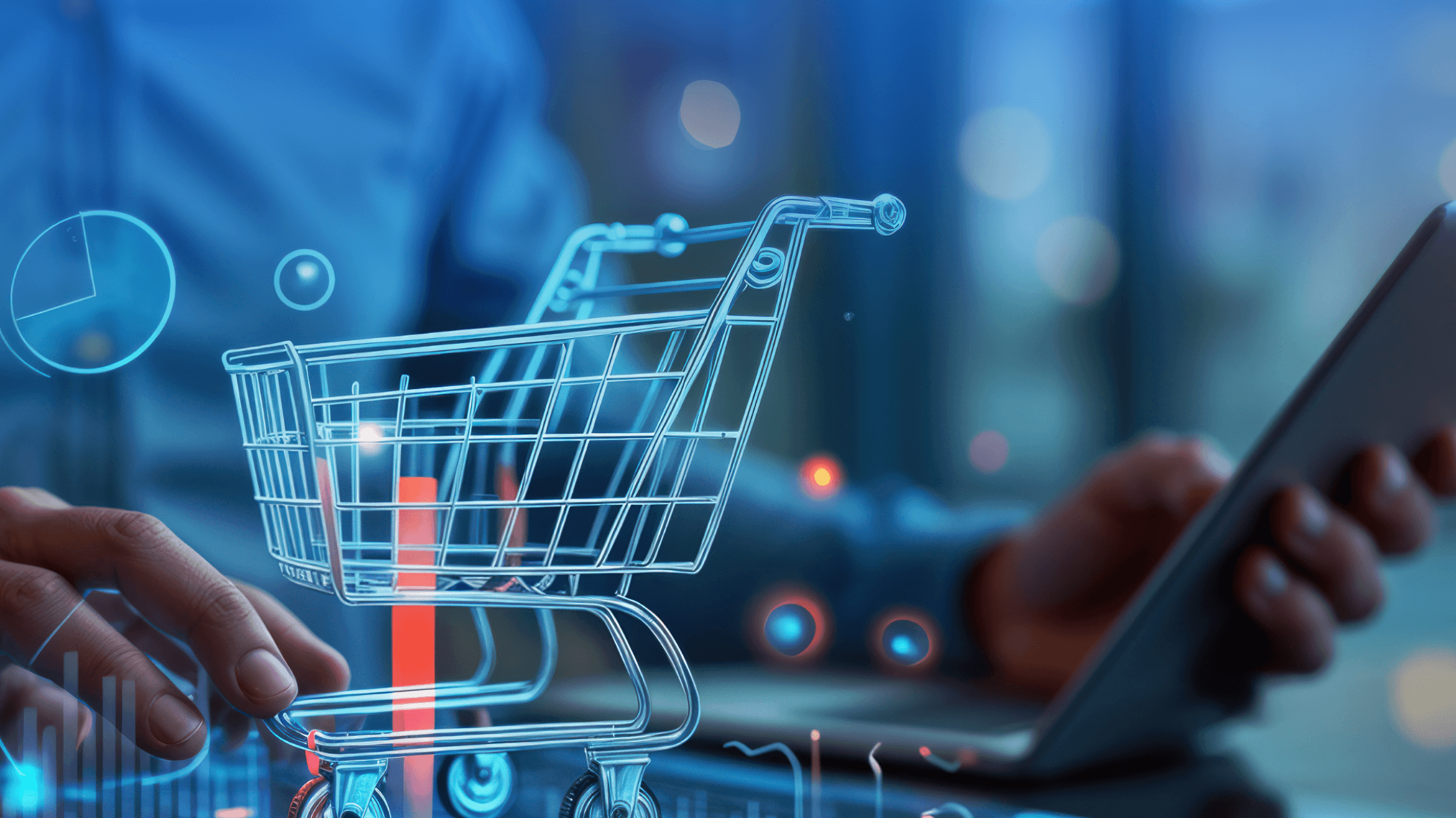 Retail finance data delays concept with digital shopping cart and analytics dashboard, illustrating data issues, transaction volume, and financial risk in retail operations.