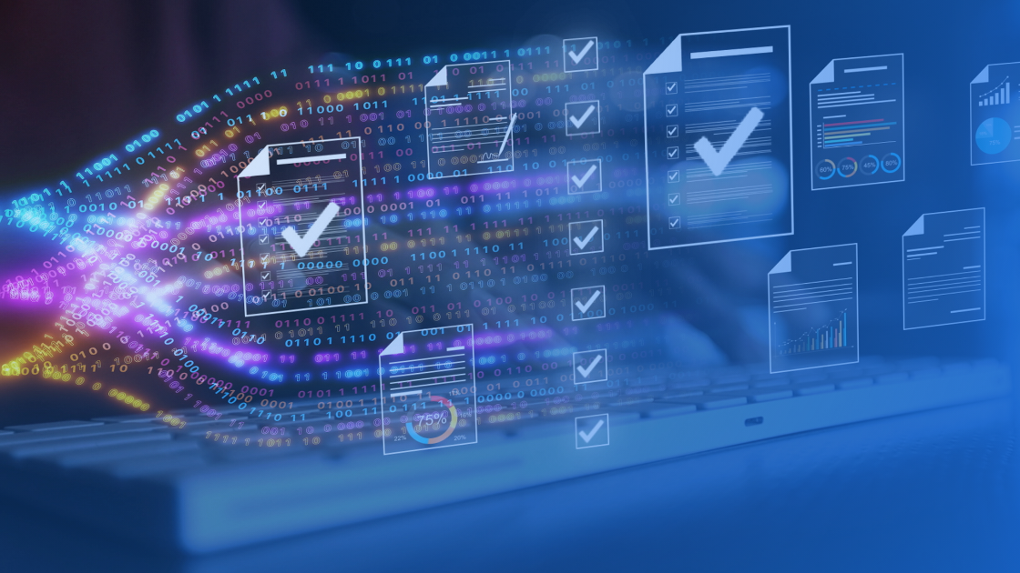 Illustration of AI in financial processes showing automated controls, digital documents, financial reporting workflows, and data-driven oversight.