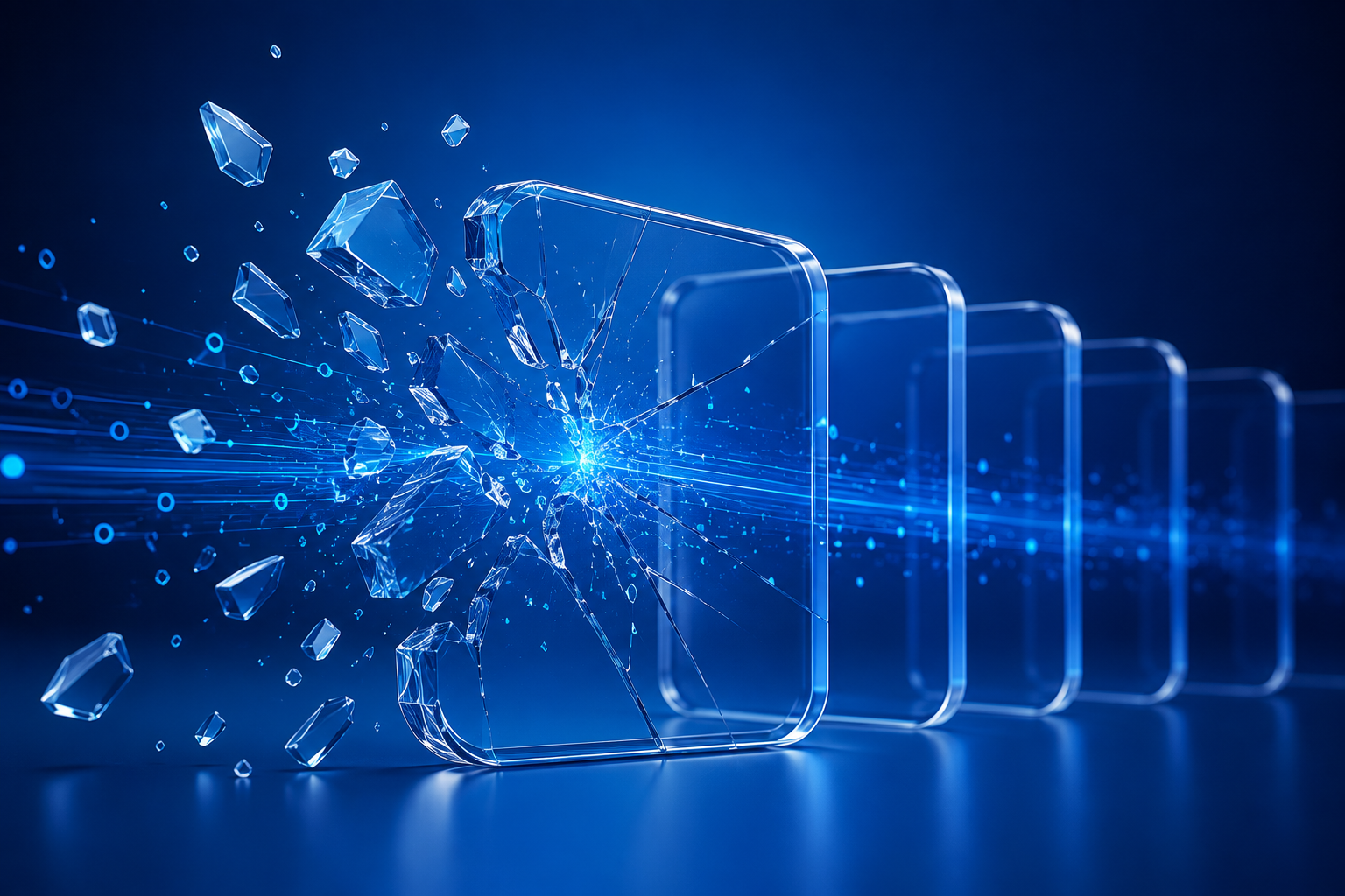 Abstract illustration representing Autonomous Financial Oversight, with a glowing blue glass structure cracking apart to symbolize legacy financial controls breaking under AI-driven finance and the need for independent oversight.