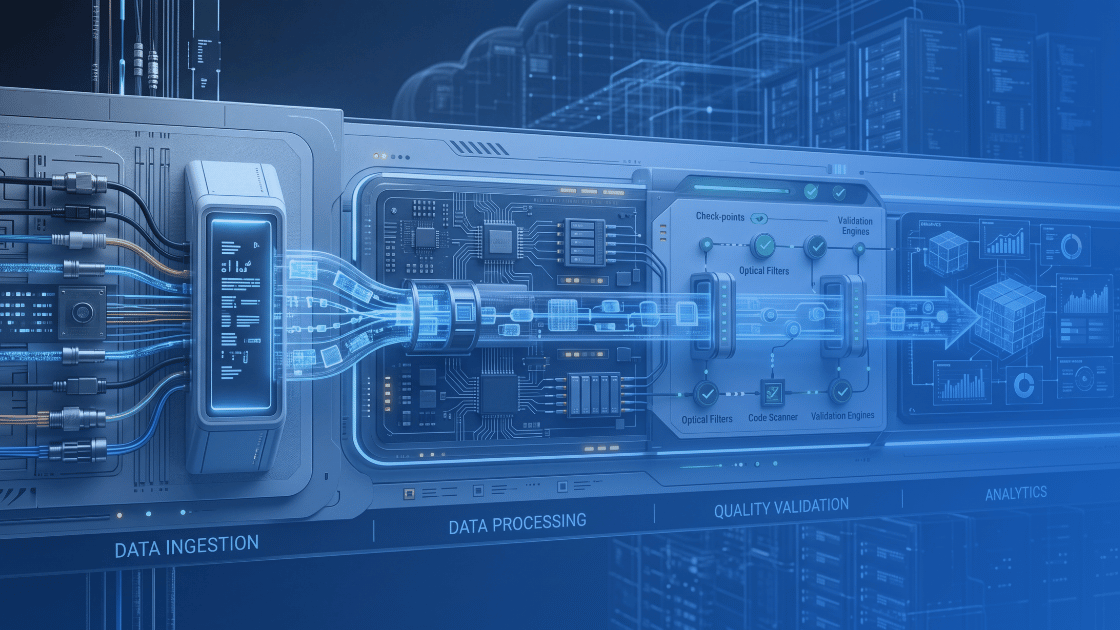 ERP integration diagram showing data ingestion, processing, validation, and analytics stages