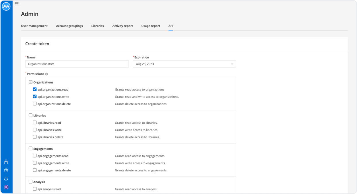 A screenshot of MindBridge's UI showing API token